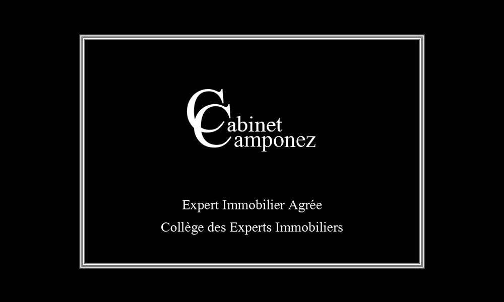 Cabinet Camponez : Expert Immobilier Agrée et Qualifié Logo Cabinet Camponez : Expert Immobilier Agréé du Collège des Experts Immobiliers sur fond noir avec cadre élégant.